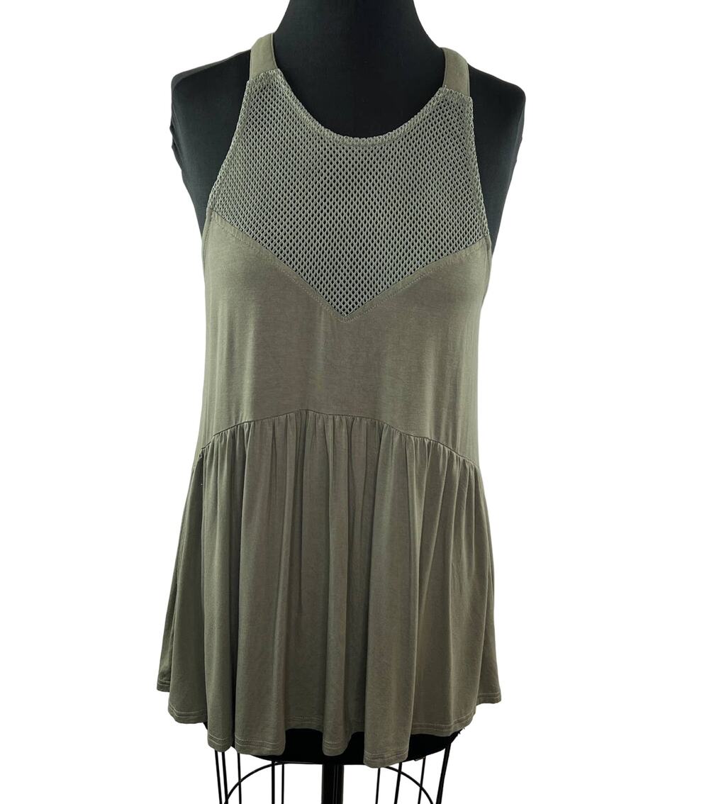 POL Mesh Detail Sleeveless Babydoll Top Olive Green Keyhole Back Pleats Blouse L